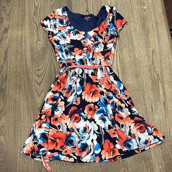 Lily Rose Fit & Flare Dress Floral Short Sleeve Scoop Neck Multicolor Size L - Picture 1 of 7